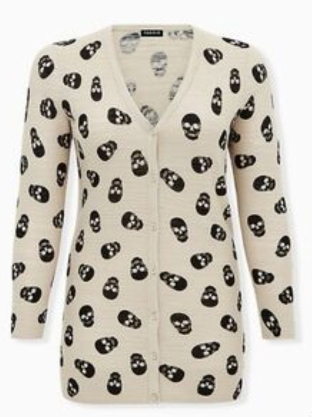torrid Cream V-Neck Cardigan with Black Skull Motif
